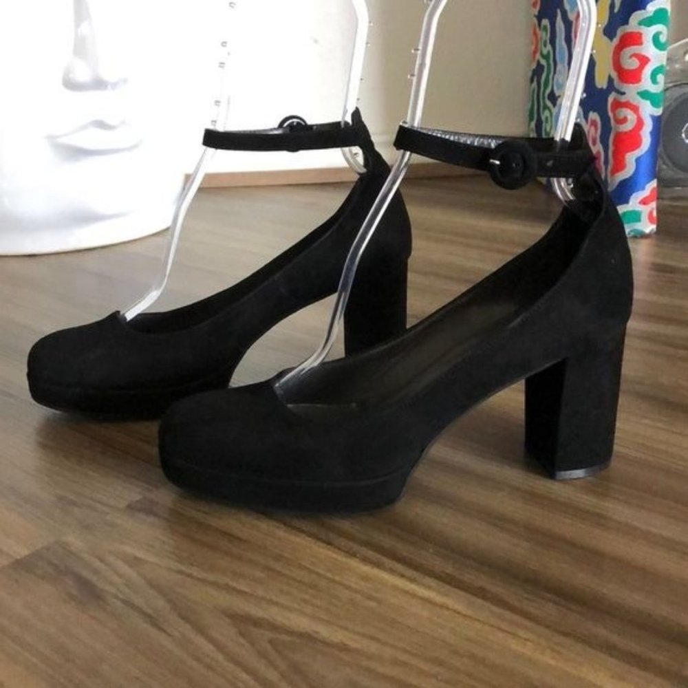 275 Central Platform Suede Ankle Strap Block Heels Pumps